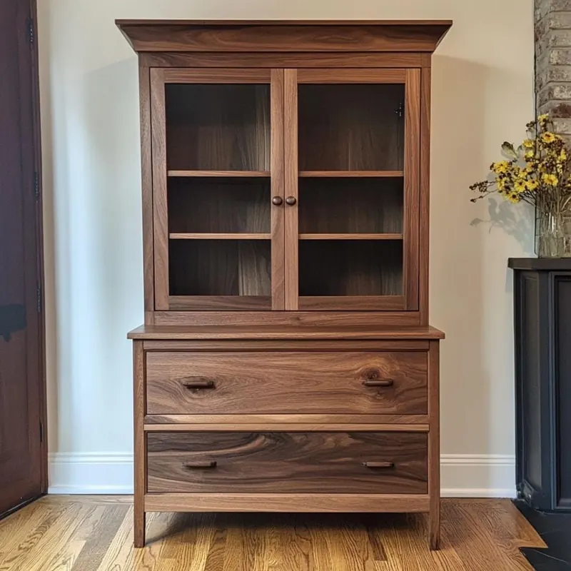 A finished walnut hutch with glass-front upper cabinet and two lower drawers, one of the projects shown in the seller's affiliate image library