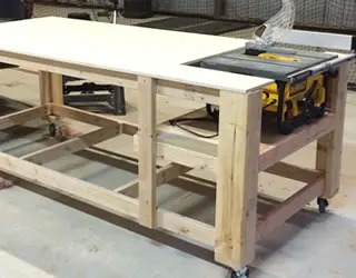 A finished mobile workbench with a built-in table saw, one of the projects shown in the seller's affiliate image library